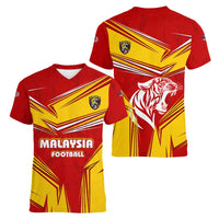 Malaysia Football Women V-Neck T-Shirt with Roaring Tiger and Red Yellow National Colors