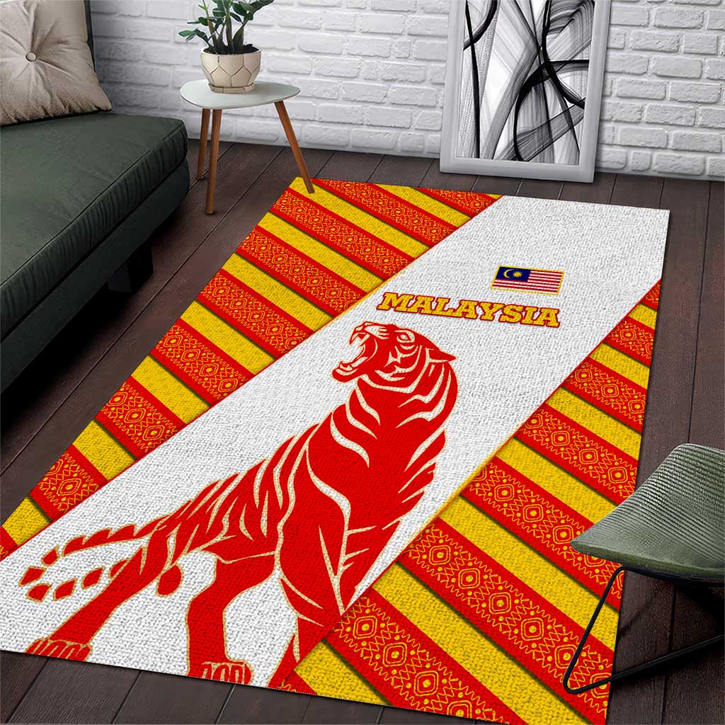 Malaysia National Crest Area Rug with Red Tiger and Traditional Batik Yellow White