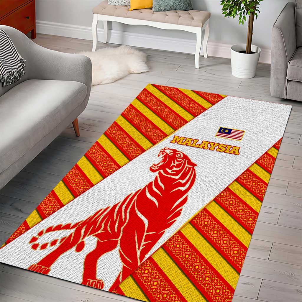 Malaysia National Crest Area Rug with Red Tiger and Traditional Batik Yellow White