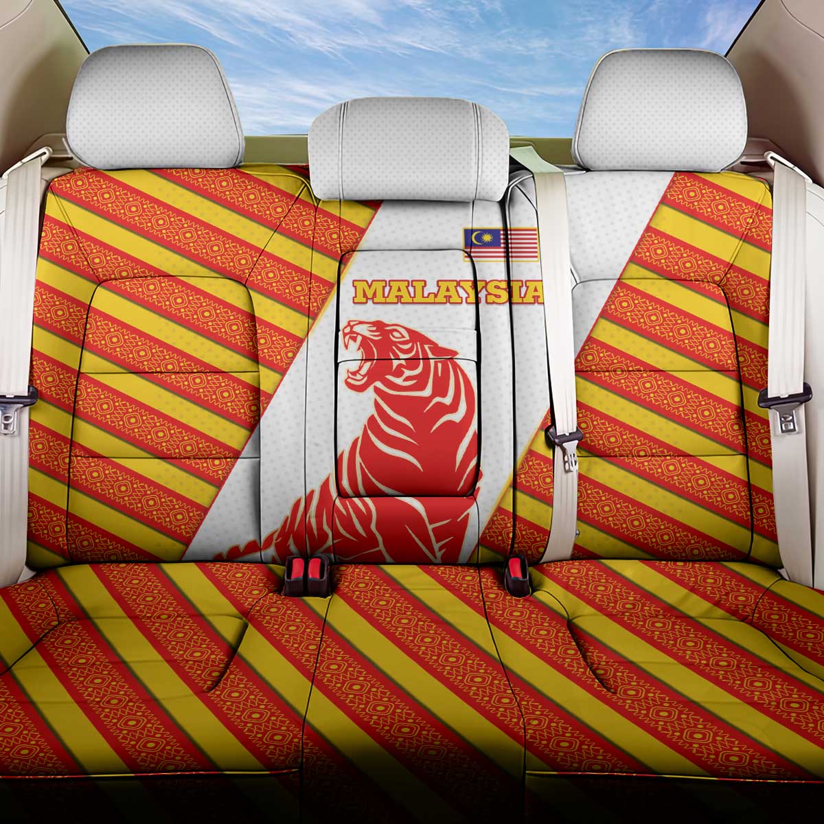 Malaysia National Crest Back Car Seat Cover with Red Tiger and Traditional Batik Yellow White