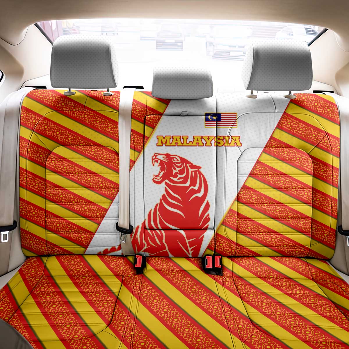 Malaysia National Crest Back Car Seat Cover with Red Tiger and Traditional Batik Yellow White