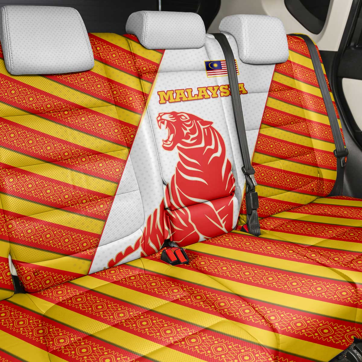 Malaysia National Crest Back Car Seat Cover with Red Tiger and Traditional Batik Yellow White