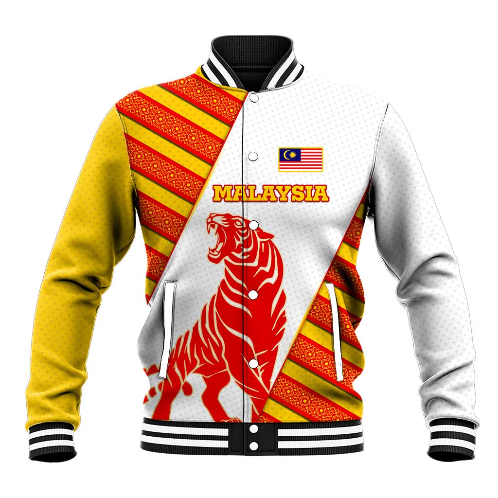 Malaysia National Crest Baseball Jacket with Red Tiger and Traditional Batik Yellow White