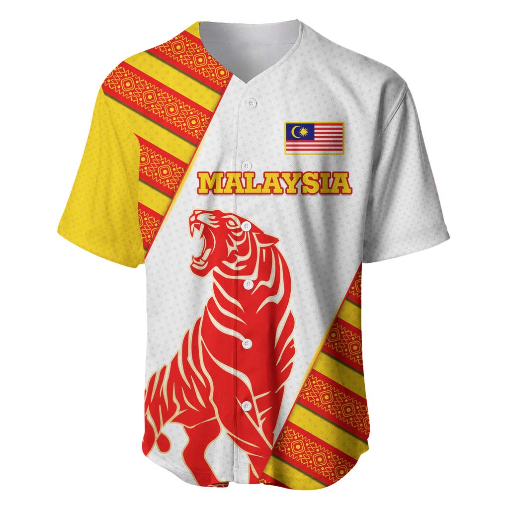 Malaysia National Crest Baseball Jersey with Red Tiger and Traditional Batik Yellow White