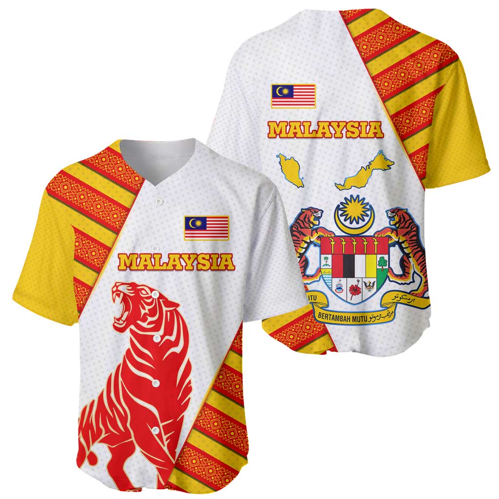 Malaysia National Crest Baseball Jersey with Red Tiger and Traditional Batik Yellow White
