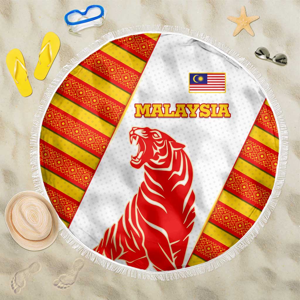 Malaysia National Crest Beach Blanket with Red Tiger and Traditional Batik Yellow White