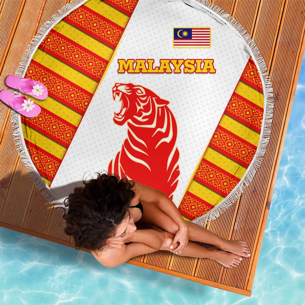 Malaysia National Crest Beach Blanket with Red Tiger and Traditional Batik Yellow White