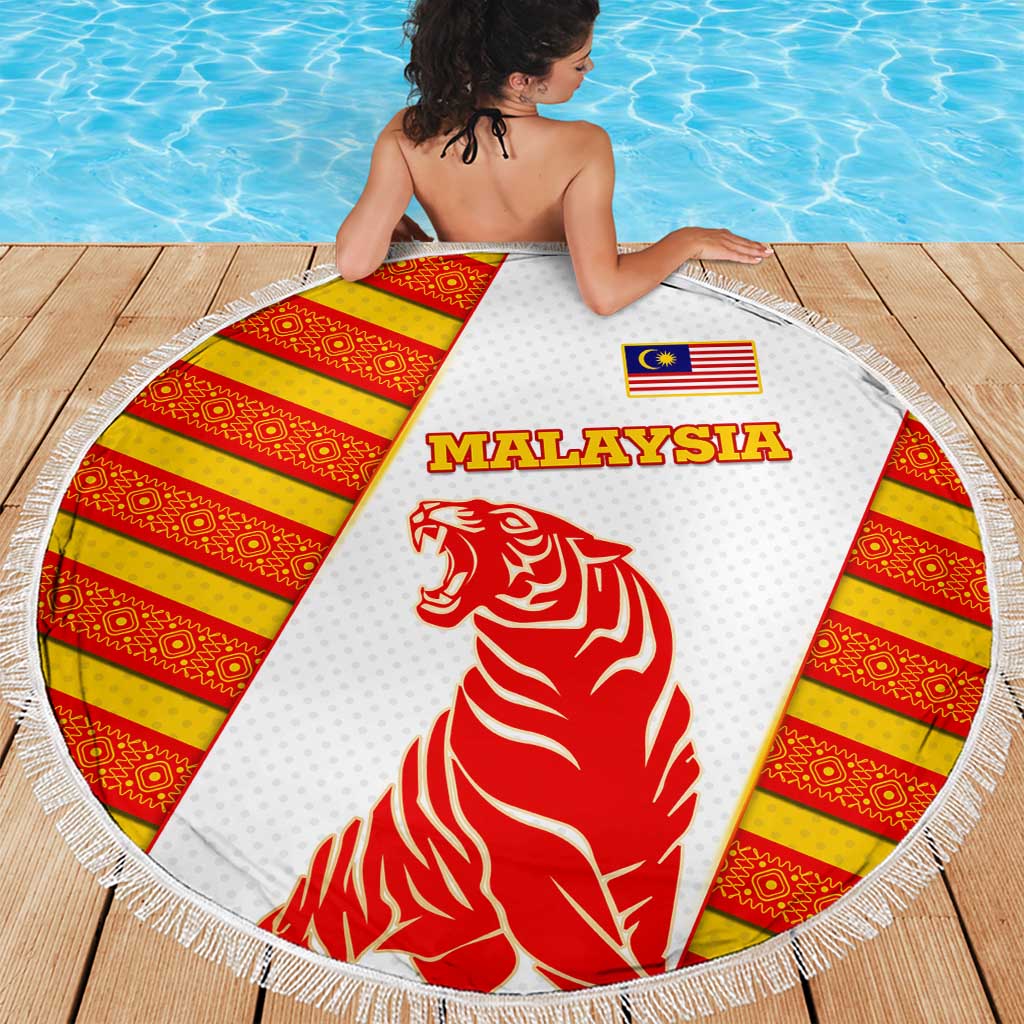 Malaysia National Crest Beach Blanket with Red Tiger and Traditional Batik Yellow White