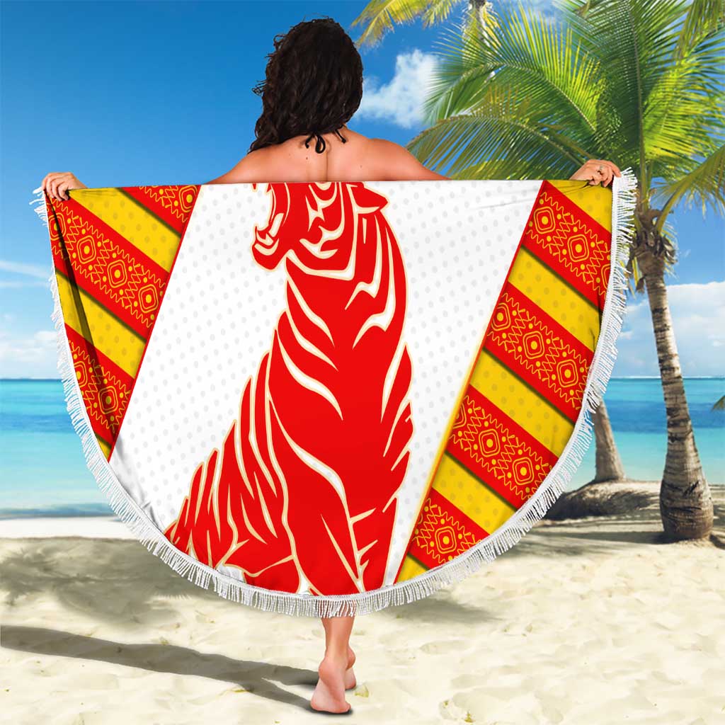 Malaysia National Crest Beach Blanket with Red Tiger and Traditional Batik Yellow White