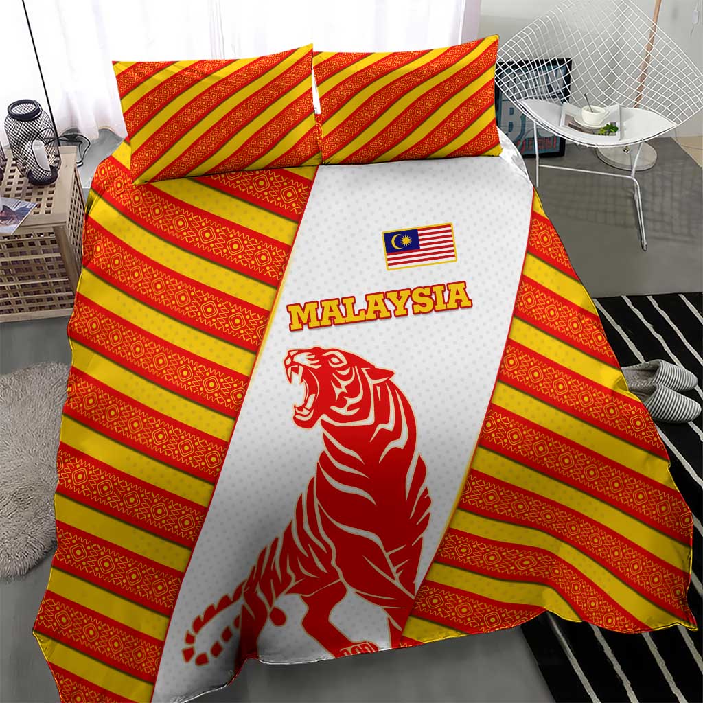 Malaysia National Crest Bedding Set with Red Tiger and Traditional Batik Yellow White