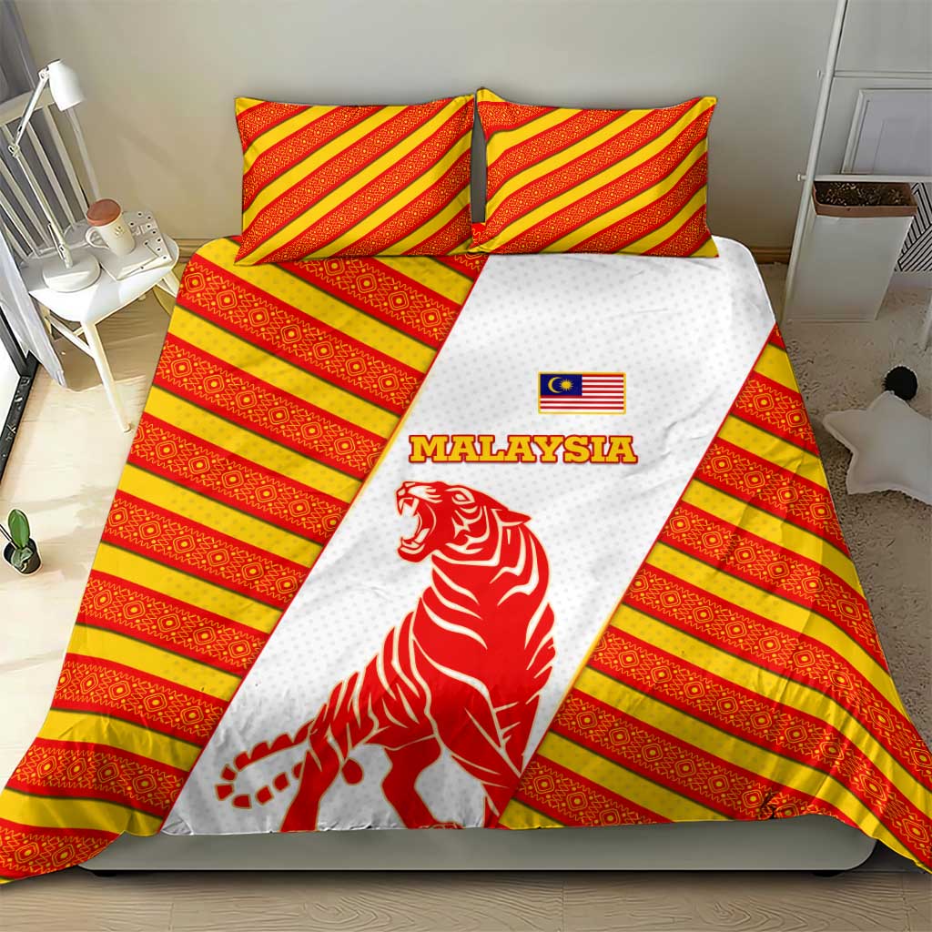 Malaysia National Crest Bedding Set with Red Tiger and Traditional Batik Yellow White