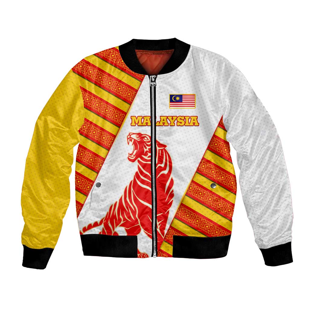 Malaysia National Crest Bomber Jacket with Red Tiger and Traditional Batik Yellow White
