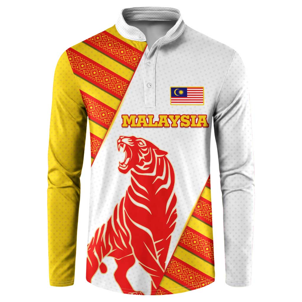 Malaysia National Crest Button Sweatshirt with Red Tiger and Traditional Batik Yellow White