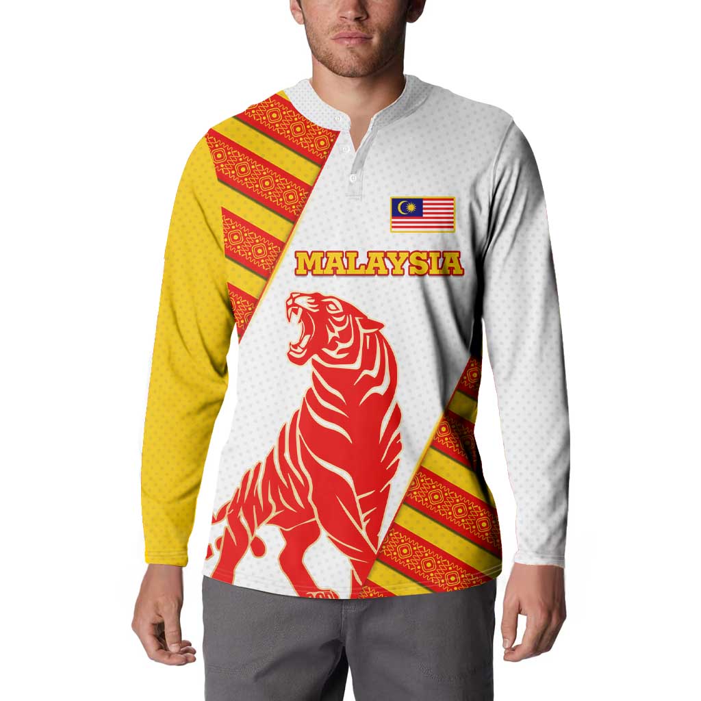 Malaysia National Crest Button Sweatshirt with Red Tiger and Traditional Batik Yellow White