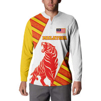 Malaysia National Crest Button Sweatshirt with Red Tiger and Traditional Batik Yellow White