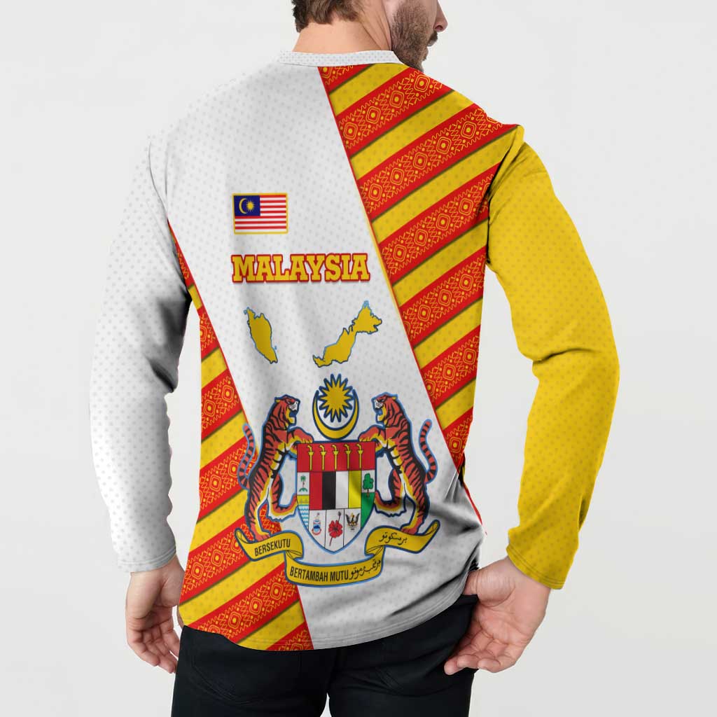 Malaysia National Crest Button Sweatshirt with Red Tiger and Traditional Batik Yellow White