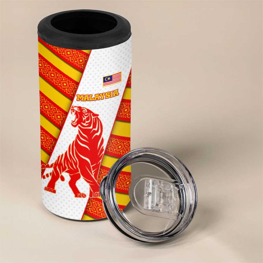 Malaysia National Crest 4 in 1 Can Cooler Tumbler with Red Tiger and Traditional Batik Yellow White