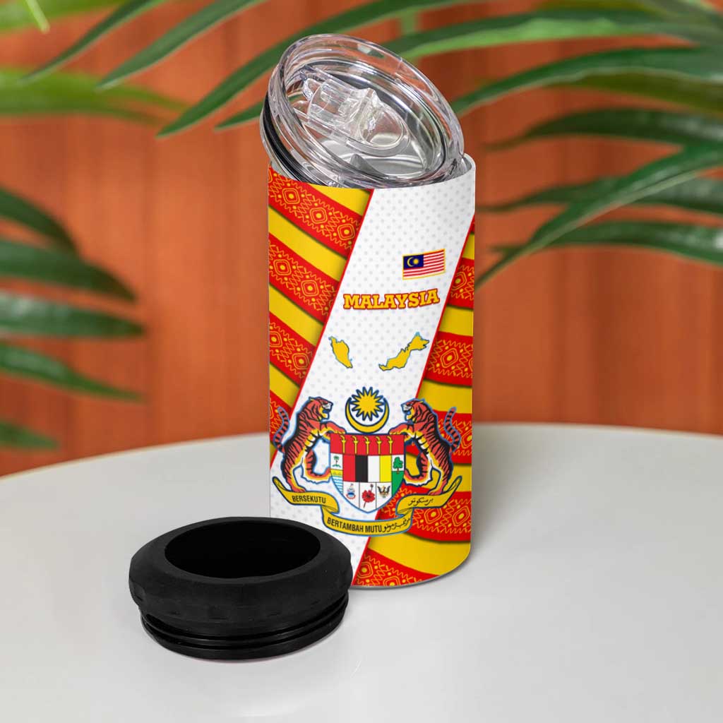 Malaysia National Crest 4 in 1 Can Cooler Tumbler with Red Tiger and Traditional Batik Yellow White