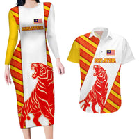 Malaysia National Crest Couples Matching Long Sleeve Bodycon Dress and Hawaiian Shirt with Red Tiger and Traditional Batik Yellow White