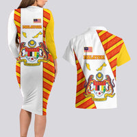 Malaysia National Crest Couples Matching Long Sleeve Bodycon Dress and Hawaiian Shirt with Red Tiger and Traditional Batik Yellow White