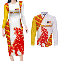 Malaysia National Crest Couples Matching Long Sleeve Bodycon Dress and Long Sleeve Button Shirt with Red Tiger and Traditional Batik Yellow White