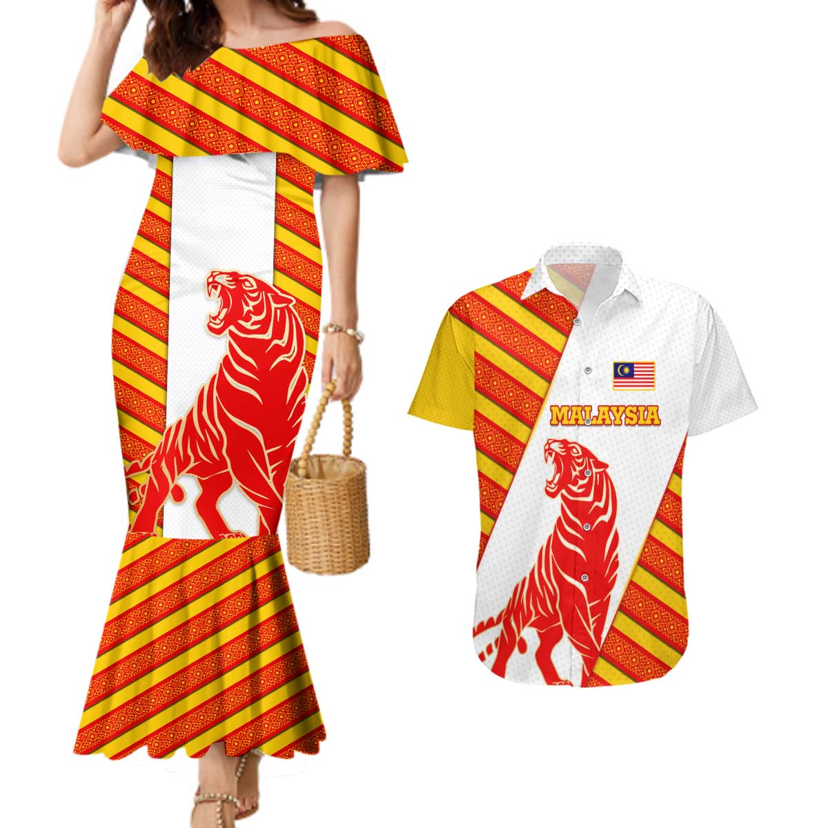 Malaysia National Crest Couples Matching Mermaid Dress and Hawaiian Shirt with Red Tiger and Traditional Batik Yellow White
