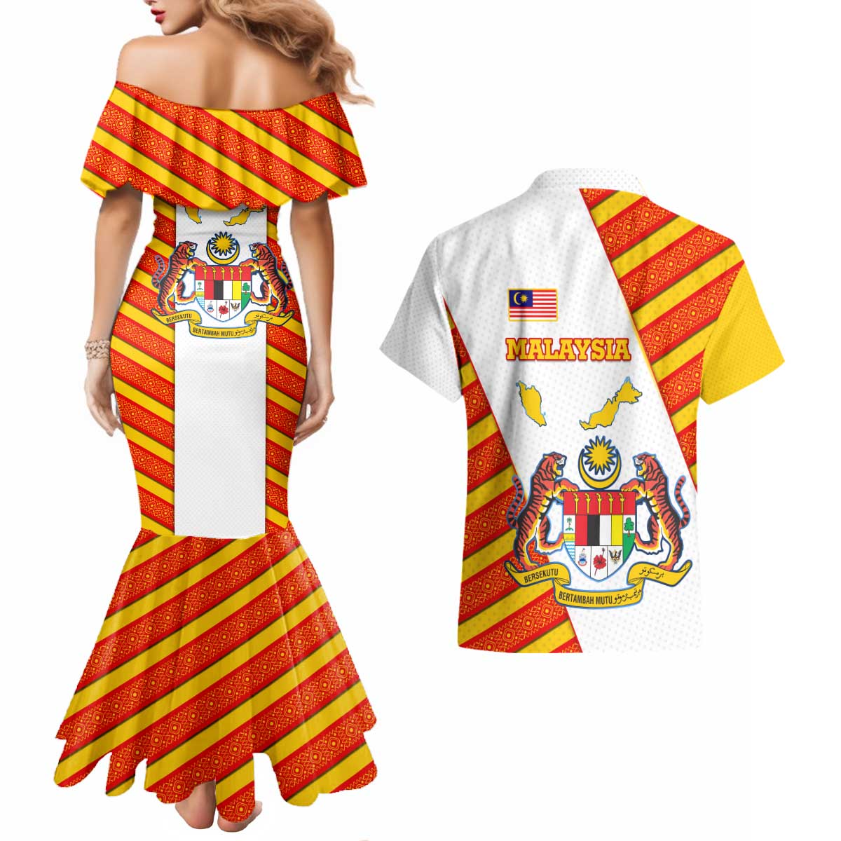 Malaysia National Crest Couples Matching Mermaid Dress and Hawaiian Shirt with Red Tiger and Traditional Batik Yellow White