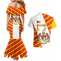 Malaysia National Crest Couples Matching Mermaid Dress and Hawaiian Shirt with Red Tiger and Traditional Batik Yellow White