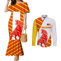 Malaysia National Crest Couples Matching Mermaid Dress and Long Sleeve Button Shirt with Red Tiger and Traditional Batik Yellow White