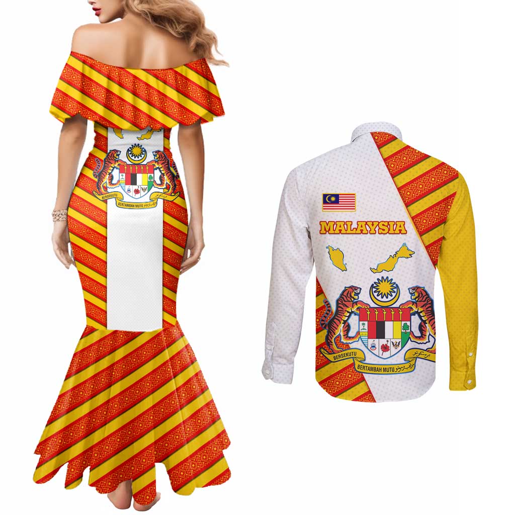 Malaysia National Crest Couples Matching Mermaid Dress and Long Sleeve Button Shirt with Red Tiger and Traditional Batik Yellow White