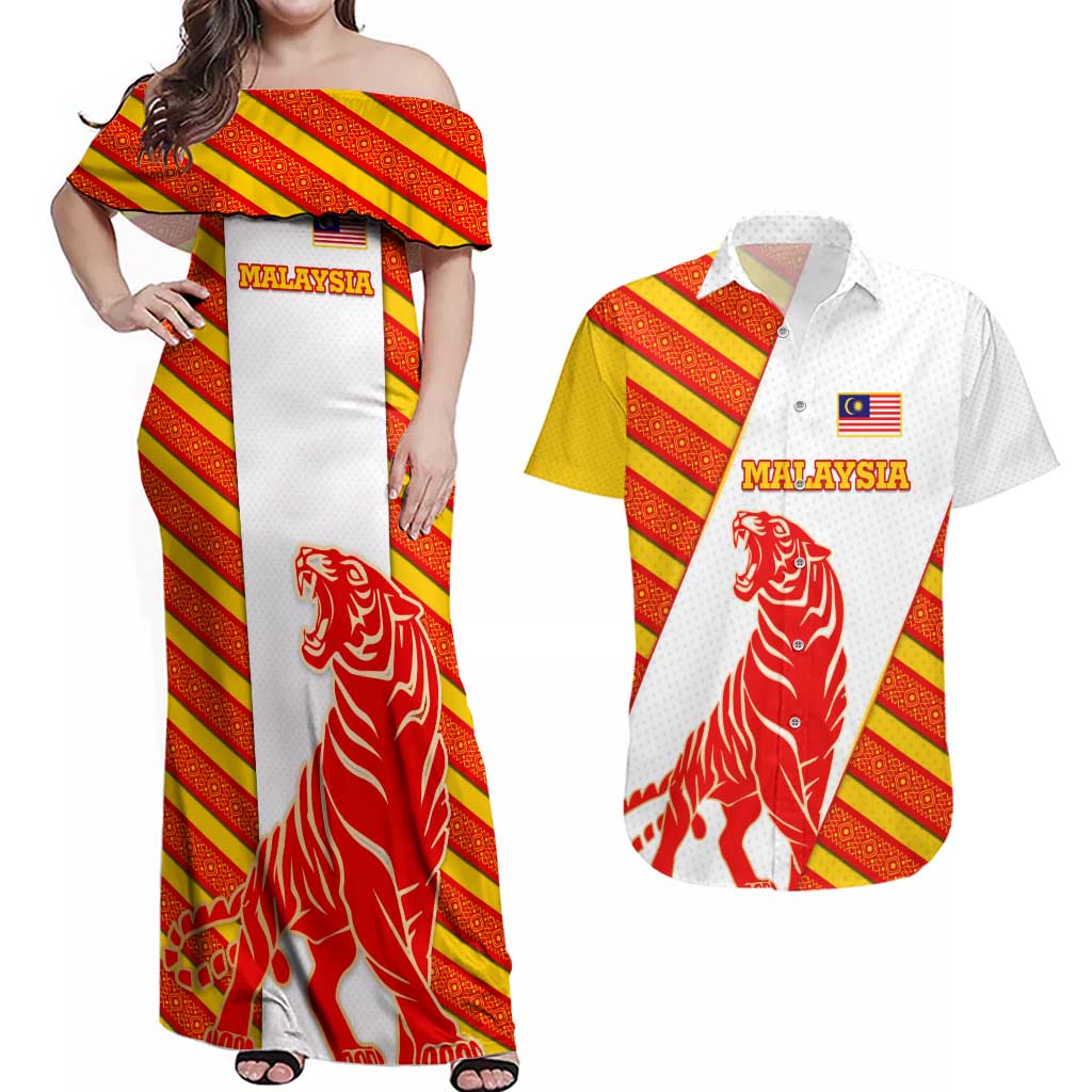 Malaysia National Crest Couples Matching Off Shoulder Maxi Dress and Hawaiian Shirt with Red Tiger and Traditional Batik Yellow White