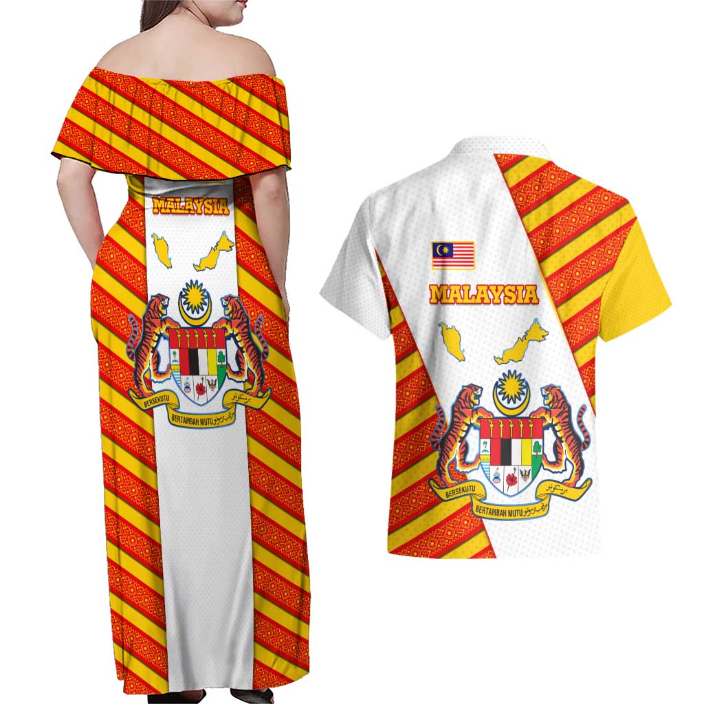Malaysia National Crest Couples Matching Off Shoulder Maxi Dress and Hawaiian Shirt with Red Tiger and Traditional Batik Yellow White
