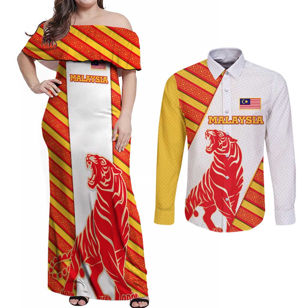 Malaysia National Crest Couples Matching Off Shoulder Maxi Dress and Long Sleeve Button Shirt with Red Tiger and Traditional Batik Yellow White