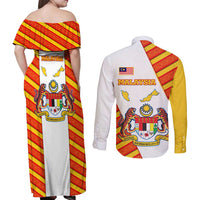 Malaysia National Crest Couples Matching Off Shoulder Maxi Dress and Long Sleeve Button Shirt with Red Tiger and Traditional Batik Yellow White