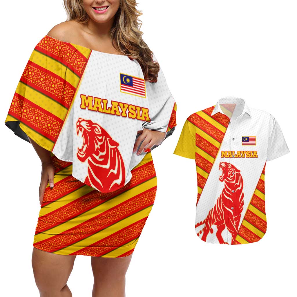 Malaysia National Crest Couples Matching Off Shoulder Short Dress and Hawaiian Shirt with Red Tiger and Traditional Batik Yellow White