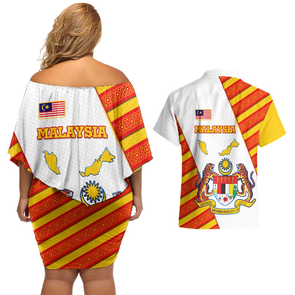 Malaysia National Crest Couples Matching Off Shoulder Short Dress and Hawaiian Shirt with Red Tiger and Traditional Batik Yellow White