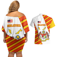 Malaysia National Crest Couples Matching Off Shoulder Short Dress and Hawaiian Shirt with Red Tiger and Traditional Batik Yellow White