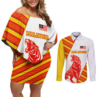 Malaysia National Crest Couples Matching Off Shoulder Short Dress and Long Sleeve Button Shirt with Red Tiger and Traditional Batik Yellow White