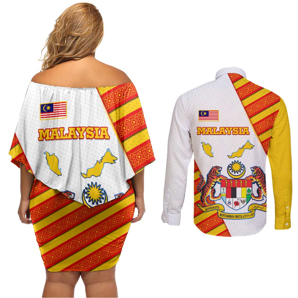 Malaysia National Crest Couples Matching Off Shoulder Short Dress and Long Sleeve Button Shirt with Red Tiger and Traditional Batik Yellow White