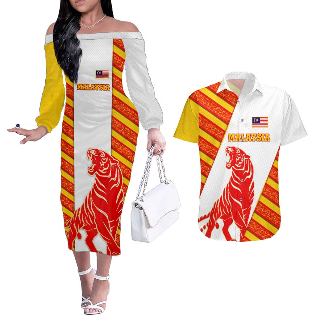 Malaysia National Crest Couples Matching Off The Shoulder Long Sleeve Dress and Hawaiian Shirt with Red Tiger and Traditional Batik Yellow White