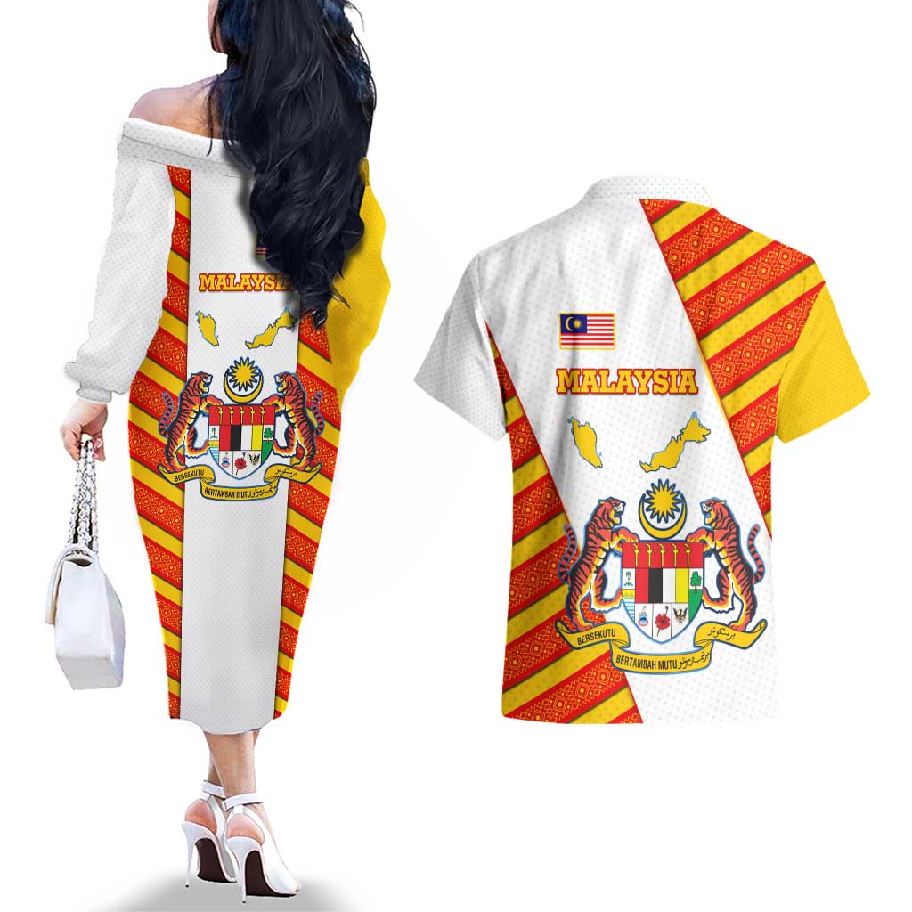 Malaysia National Crest Couples Matching Off The Shoulder Long Sleeve Dress and Hawaiian Shirt with Red Tiger and Traditional Batik Yellow White