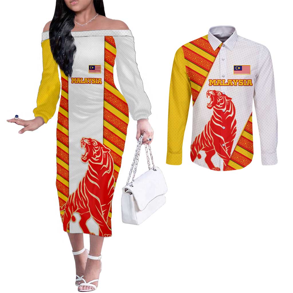 Malaysia National Crest Couples Matching Off The Shoulder Long Sleeve Dress and Long Sleeve Button Shirt with Red Tiger and Traditional Batik Yellow White