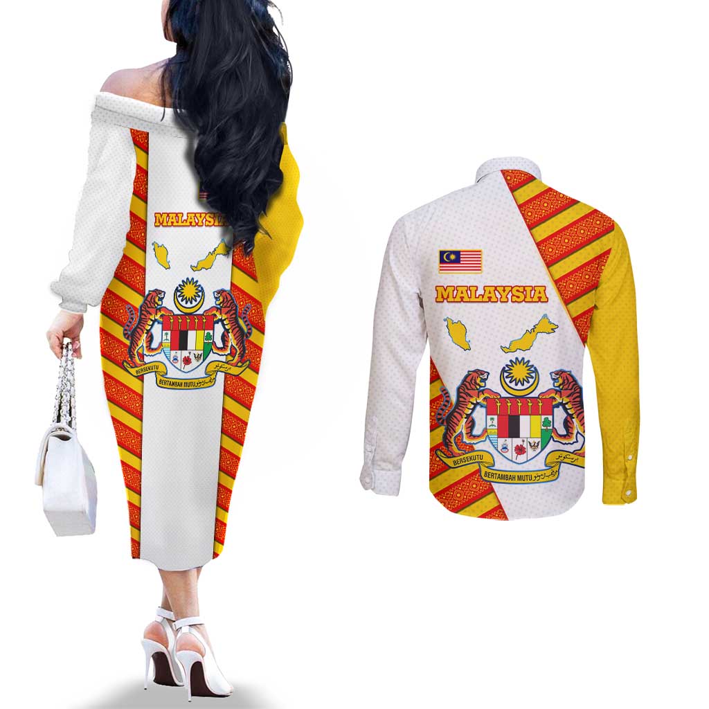 Malaysia National Crest Couples Matching Off The Shoulder Long Sleeve Dress and Long Sleeve Button Shirt with Red Tiger and Traditional Batik Yellow White