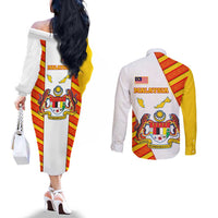 Malaysia National Crest Couples Matching Off The Shoulder Long Sleeve Dress and Long Sleeve Button Shirt with Red Tiger and Traditional Batik Yellow White