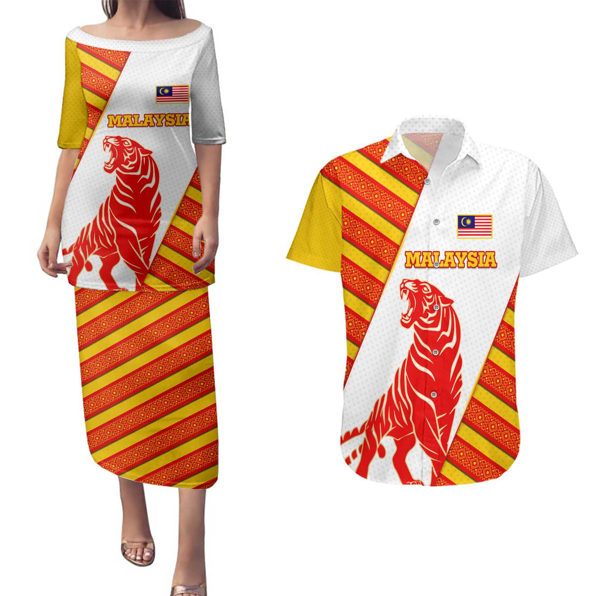 Malaysia National Crest Couples Matching Puletasi and Hawaiian Shirt with Red Tiger and Traditional Batik Yellow White