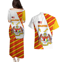 Malaysia National Crest Couples Matching Puletasi and Hawaiian Shirt with Red Tiger and Traditional Batik Yellow White