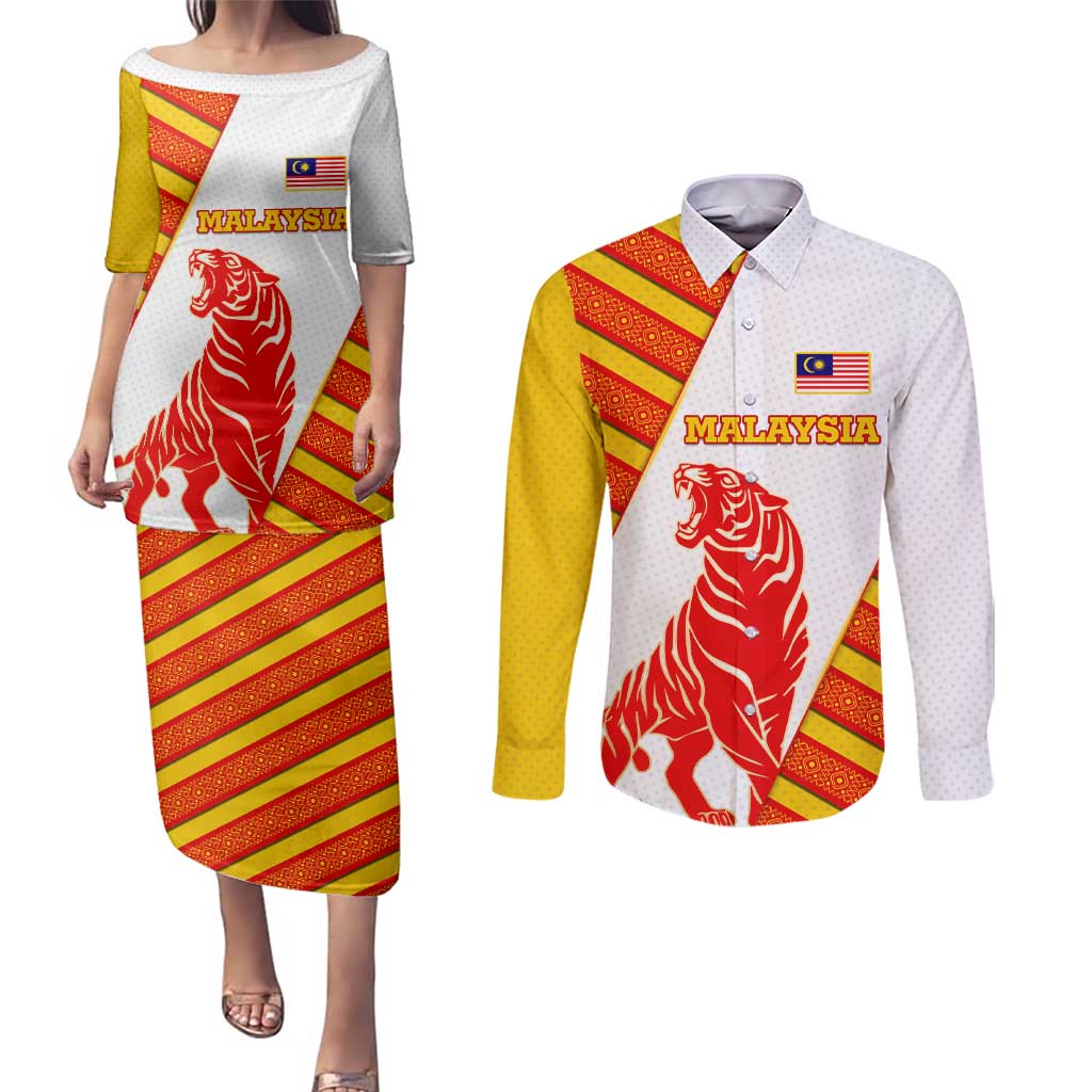 Malaysia National Crest Couples Matching Puletasi and Long Sleeve Button Shirt with Red Tiger and Traditional Batik Yellow White
