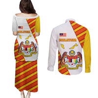 Malaysia National Crest Couples Matching Puletasi and Long Sleeve Button Shirt with Red Tiger and Traditional Batik Yellow White