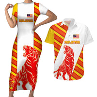 Malaysia National Crest Couples Matching Short Sleeve Bodycon Dress and Hawaiian Shirt with Red Tiger and Traditional Batik Yellow White
