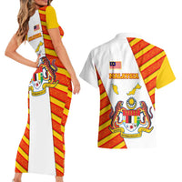 Malaysia National Crest Couples Matching Short Sleeve Bodycon Dress and Hawaiian Shirt with Red Tiger and Traditional Batik Yellow White